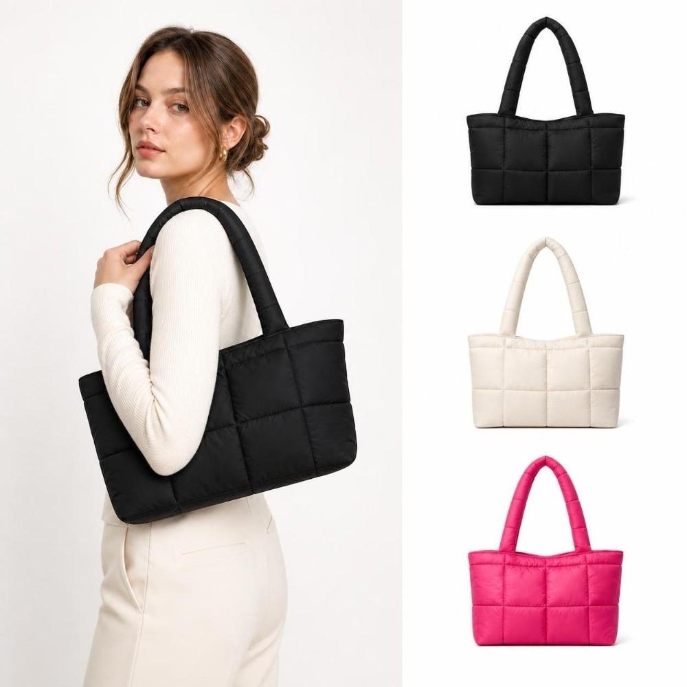 Cubic Grid Quilted Puffer Tote Bag Lightweight Cotton Solid Color Quilted Shoulder Bag Large Capacity Padded Handbag Women