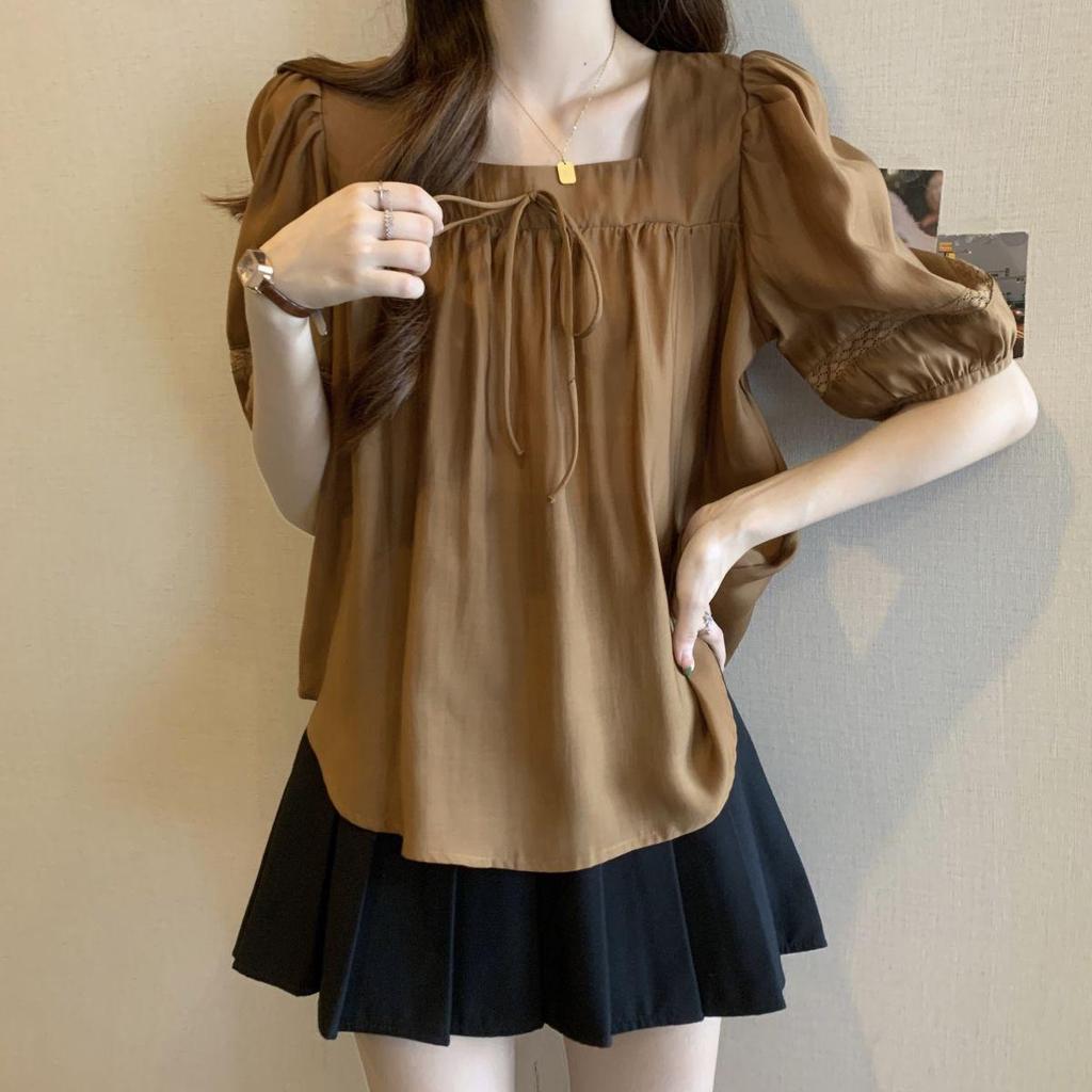 Women's Plus Size Square Neck Puff Sleeve Top - Summer 2025, Loose Slimming Tummy-Concealing Design
