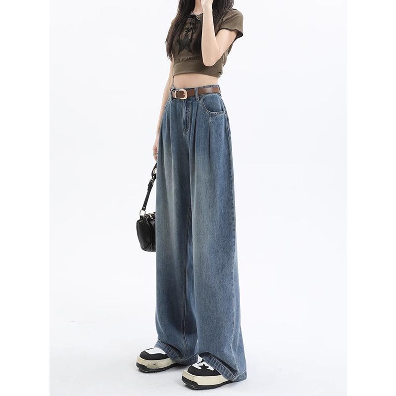 

Autumn 2024 Women s Retro Blue High-Waisted Wide Leg Pleated Jeans 5XL