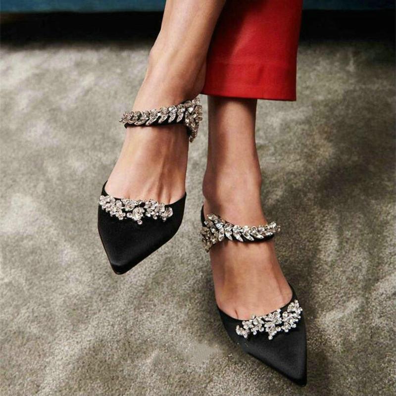 Fashion Couture! French Pointed Flat Sandal Rhinestone Goddess Fan Niche Design Sense High Heel Half Drag