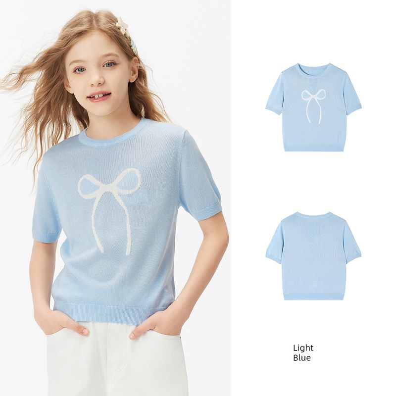 [Lyocell Tencel] Navigare Italian Sailboat Girls  Sweater Summer Kidsren s Short-Sleeved T-Shirt Bow Letters-Light Blue 120