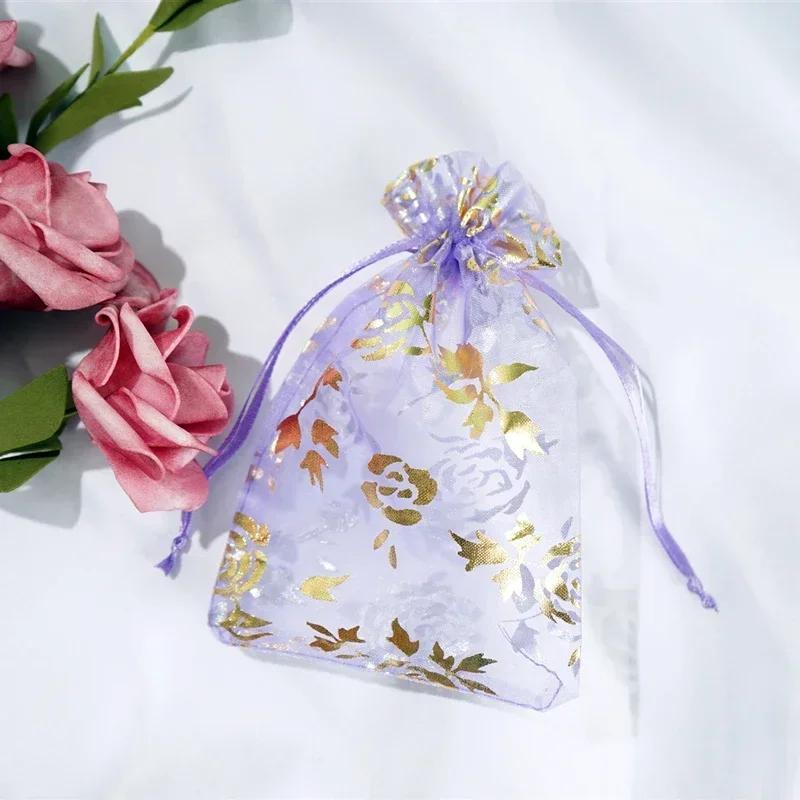 50piece Gold Stamp Rose Pattern Gauze Bag Colorful Pull Rope Self Sealing Storage Bags Candy Gift Accessory Package Jewelry Pouc