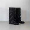 Cowhide Version~ Korean Niche Wide-mouth Thin High-leg Pants Boots Women's Belt Buckle Western Boots Splicing Boots