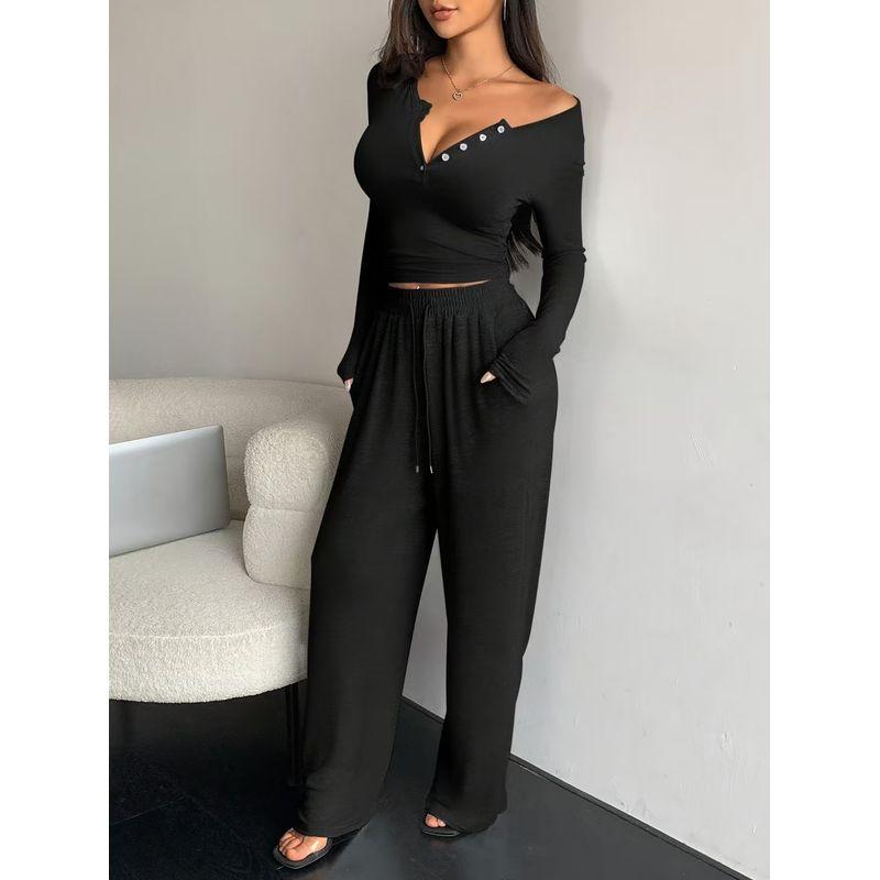

Western Style Fashion Slim fit Long sleeve Top Trousers Set Long Sleeved Top and Pants Set Black S