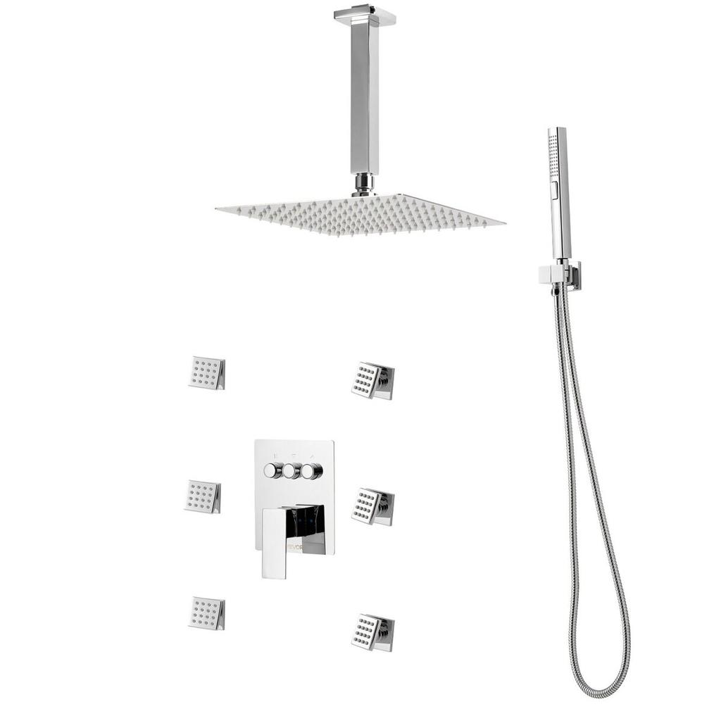 Shower Faucet Set, 254 Mm Ceiling Mount Rainfall Shower System with 6 Body Jets and 2 In 1 Handheld Spray, Rotatable 3-Function Rain Head System Set,