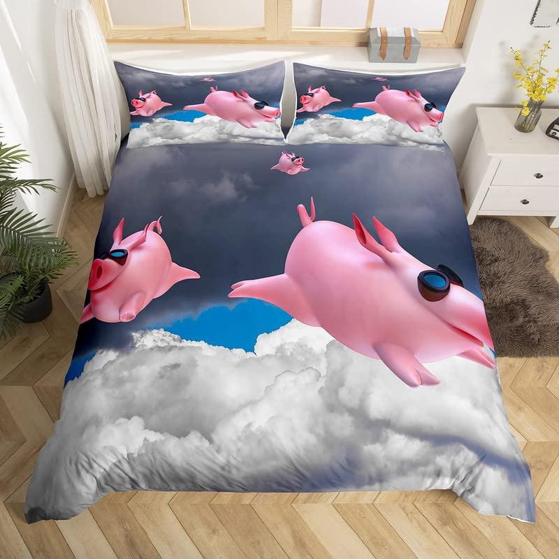 Cartoon Cute Pink Pig Duvet Cover for Children Boys Girls Microfiber Pigs Floral Cartoon Farm Animals Theme Bedroom Decorations
