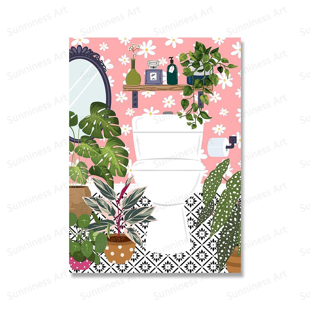 Animal Highland Cow In Bathroom Wall Art Canvas Painting Posters Botanical Library Monstera Leaf Print For Coffee Bar Home Decor