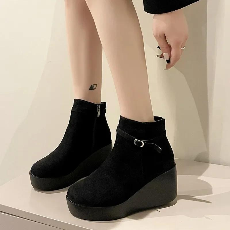 Fashion 2024 New Winter Shoes for Female Side Zip Platform Women's Ankle Boots Wedge Heel Casual Women's Shoes High Heel Ladies Boots