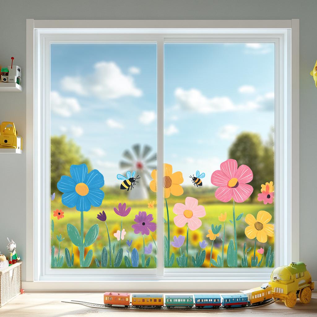 Cartoon Colorful Bee Flower Window Sticker Kids Room Kindergarten Glass Decoration Self-Adhesive Wall Art