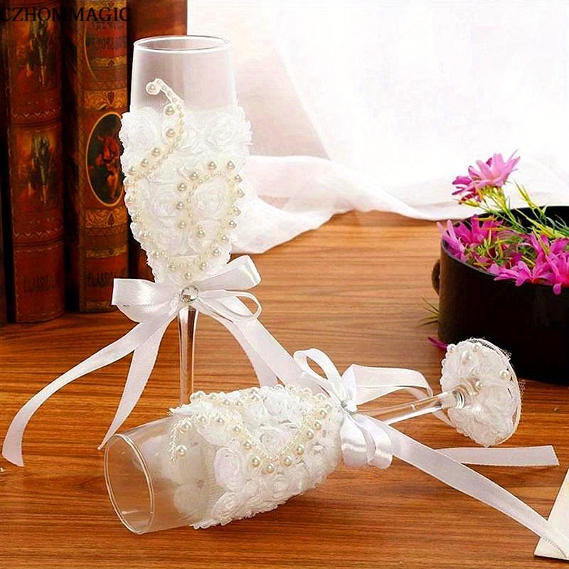 1 Pair Wedding Champagne Glasses Bride And Groom Champagne Flutes Premium Lace Decor Wine Goblet For Bar Pub Club Restaurant And Home Use Drinkware Fo