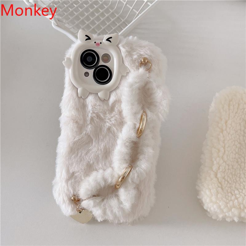 Cute Korean Fur Wrist Chain Silicone Case For iPhone 17 16 Pro Max 15Plus 14 13 12 11 Winter Furry Fluffy Plush Wrist Band Cover