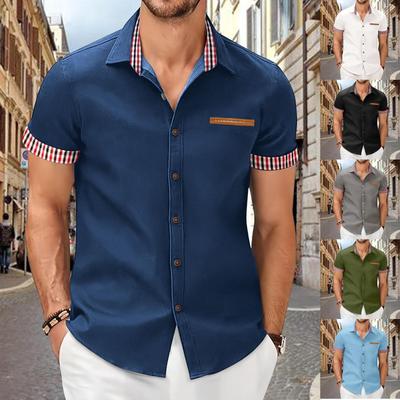 Men's Casual Checkered Color-blocked Shirt, Men's Fitted Lapel Button Short-sleeved Top