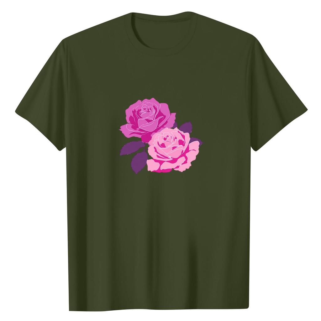 Women's Fashionable Round Neck Casual Retro Print Short Sleeved T-shirt Top