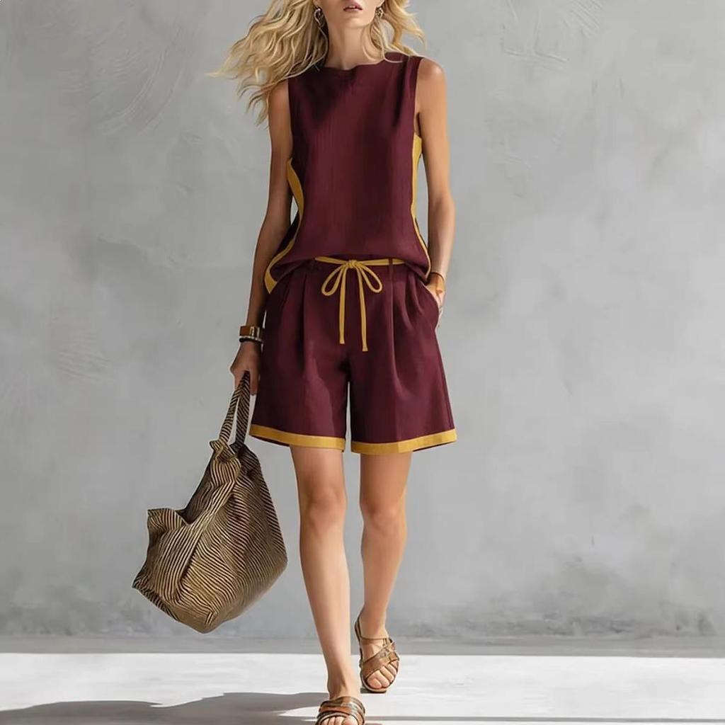 2026 European & American Sleeveless Color Block Wide-Leg Pantsuit - Summer Casual Fashion Two-Piece Set for Women