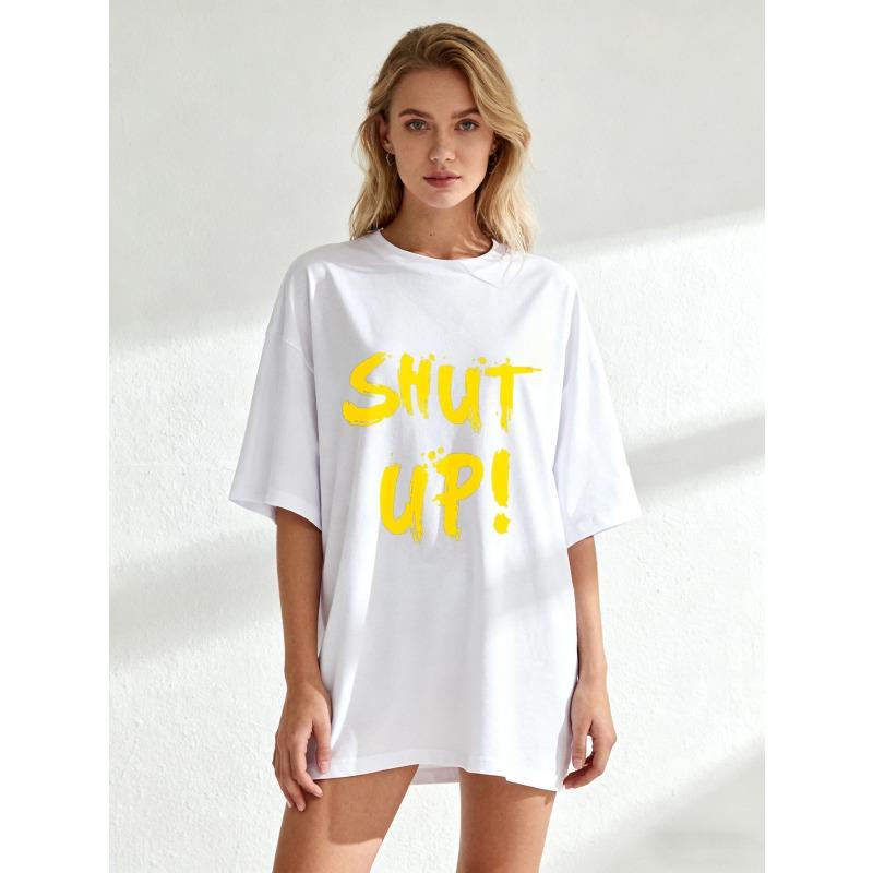 Oversized T-Shirt Black Shut Up Text Print Casual Streetwear Fashion Top For Women And Girls Summer Outfit Statement Tee