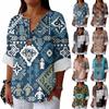 Women's Fashion Casual Button V-Neck Cotton And Linen Printed Seven Sleeve T-Shirt Top