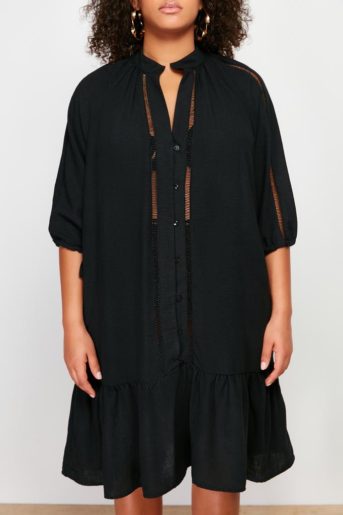 Women's Fashion New Plus Big Size Dress Black V-Neck Flounce Hem Beach Dress