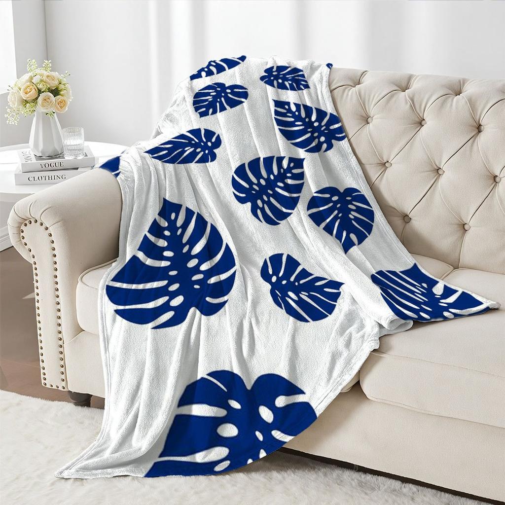 Blue Monstera Leaf Flannel Throw Blanket – Stylish Plant Pattern, Soft Cozy Fleece for Home, Office, Sofa & Car – All-Season Use