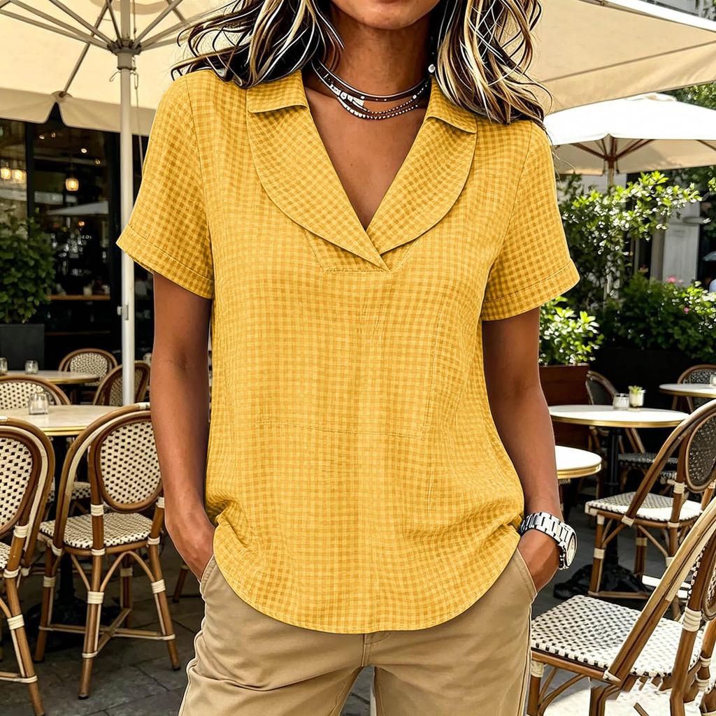 Women's Casual Plaid V-Neck Lapel Short Sleeve Blouse - Loose Fit Top for Everyday Wear