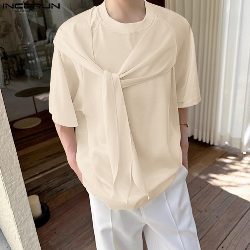 INCERUN Men Round Neck Tie Up Short Sleeve Solid Color Casual Loose Summer T-shirts