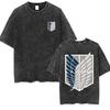Anime Attack Titan Retro Wash Bedrucktes T-Shirt Mikasa Ackerman Eren Jaeger Freie Flügel Muster Herren Sommer T-Shirt