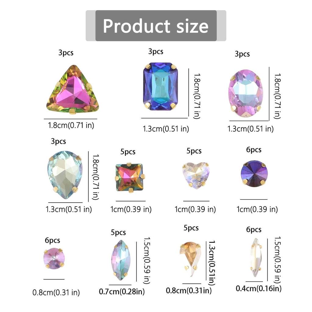 Sew On Rhinestones, Choupee 50PCS Sew On Glass Rhinestone Metal Back Prong Setting Sewing Claw Rhinestone Mixed Shapes