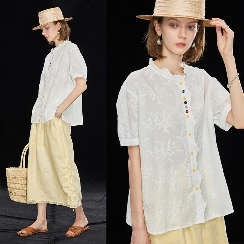 Women s French Resort Embroidered Pure Cotton Ruffle Shirt L