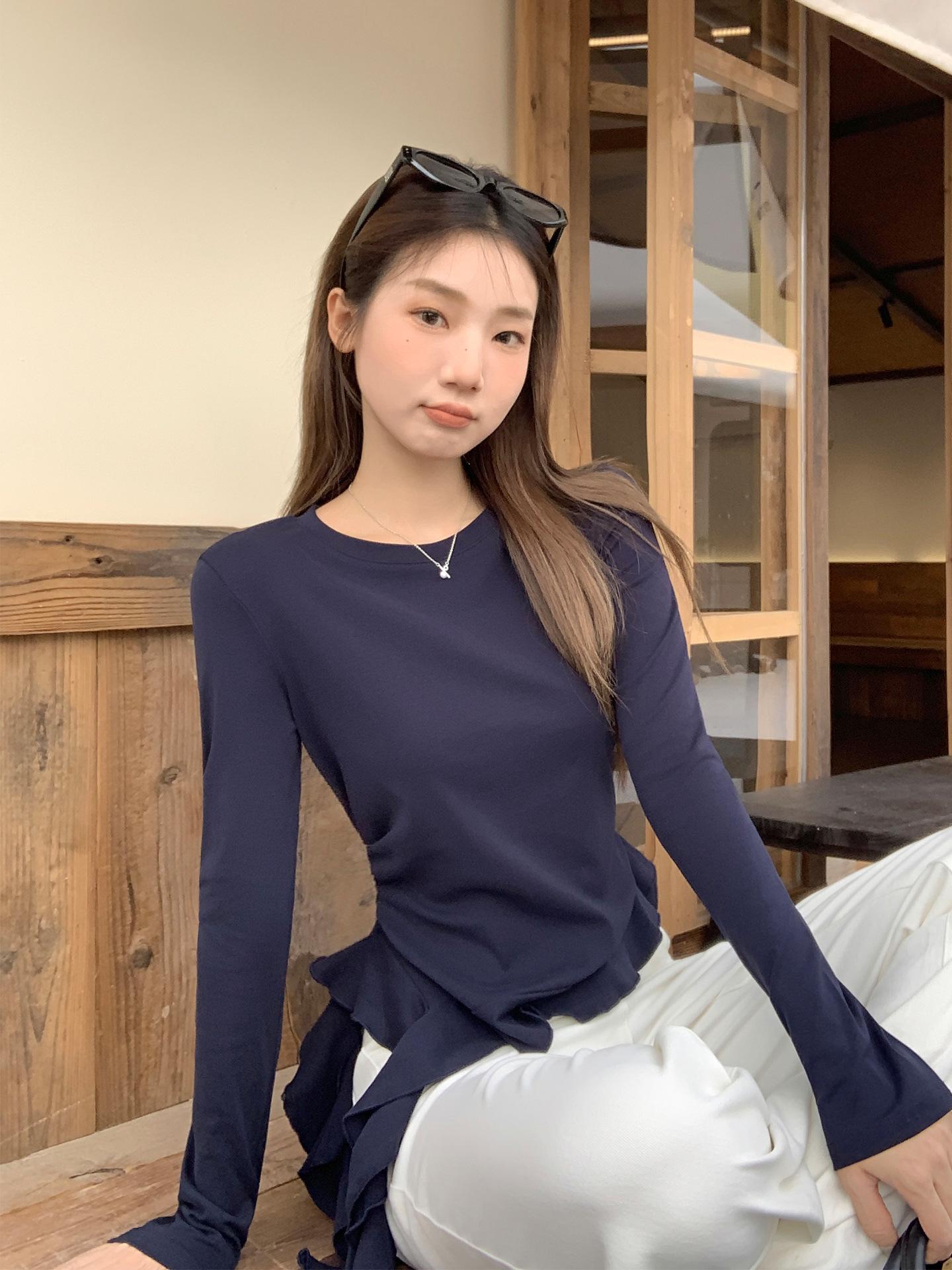

White ruffle edge irregular hem long-sleeved T-shirt women s autumn design strap pleated XL