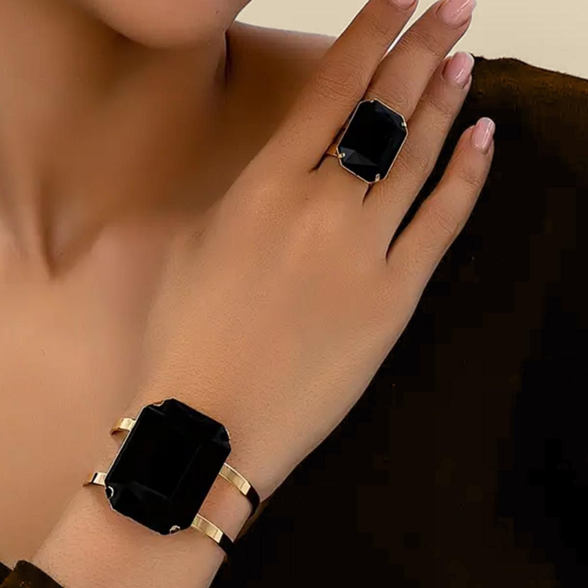 

Комплект из преувеличенного браслета и кольца для женщин чёрный