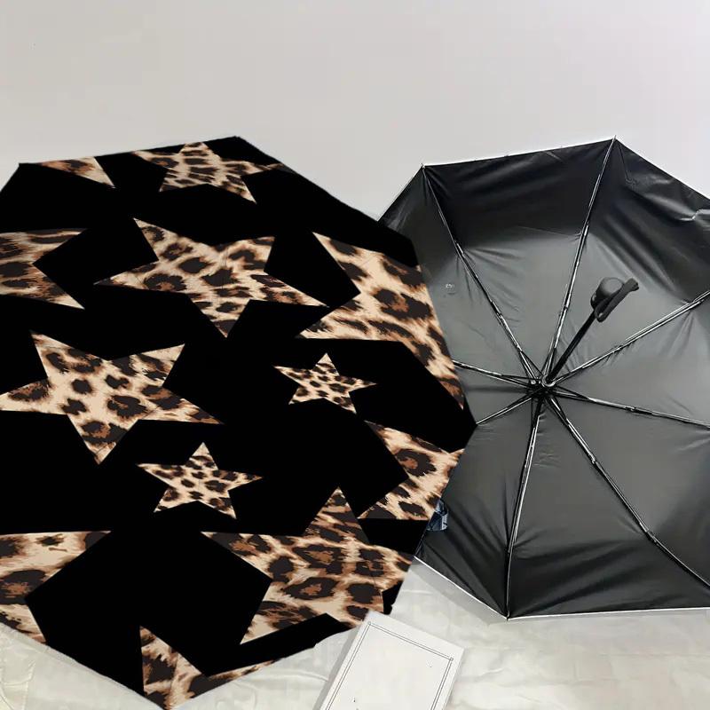1 Stück Leopardenmuster Sterne Regenschirm - 8 Speichen verstärkt, Automatisches Öffnen, Leicht & Langlebig, Niedliches Modeaccessoire für den Außenbereich, Strand oder Freizeit, Bea