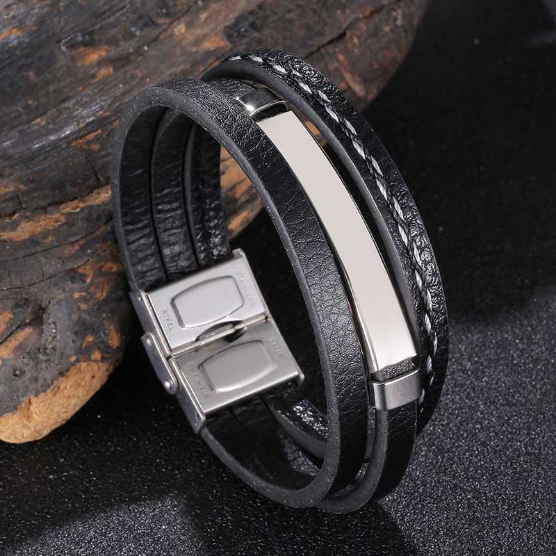 Men Bracelet Stainless Steel Charm Button Clasp Leather Bracelets For Men Punk Jewelry Hip Hop Rock