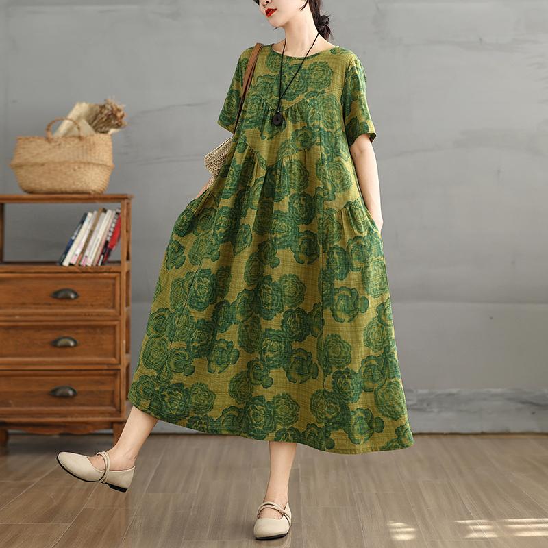 DIMANAF 2025 Summer Plus Size Vintage Dress Women Casual Dress Loose Basic Floral Printing Short Sleeve Long Dress