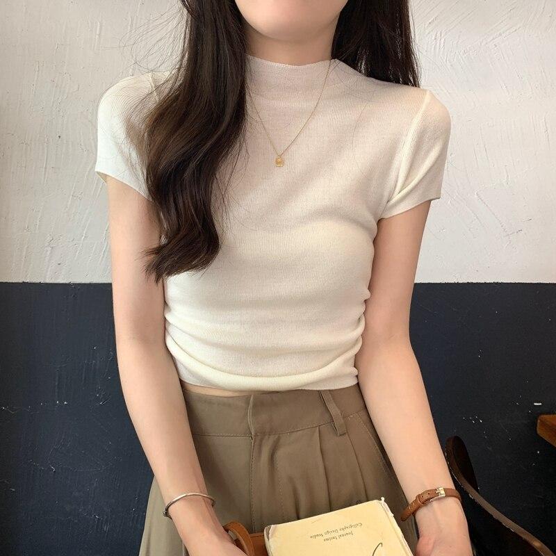 Sommer Plissee Gestrickte Frauen Blusen Kurzarm Dünne Beiläufige Hemd Weibliche Mode Solide Cropped Tops Frauen Kleidung 25243