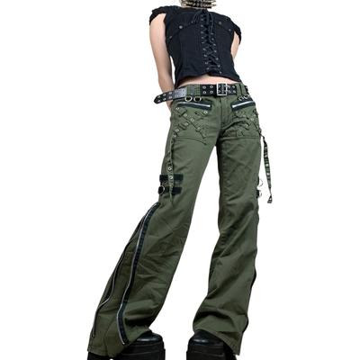 Women Autumn Cargo Pants, Punk Low-Waist Zipper Fly Casual Pants with Pockets for Girls, Green