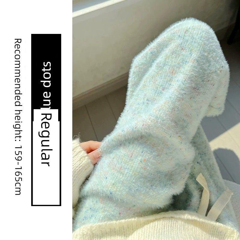 

Fleece-lined Rainbow Autumn and Winter High Waist Casual Glutinous Rice Pants Blue dot [regular]] M