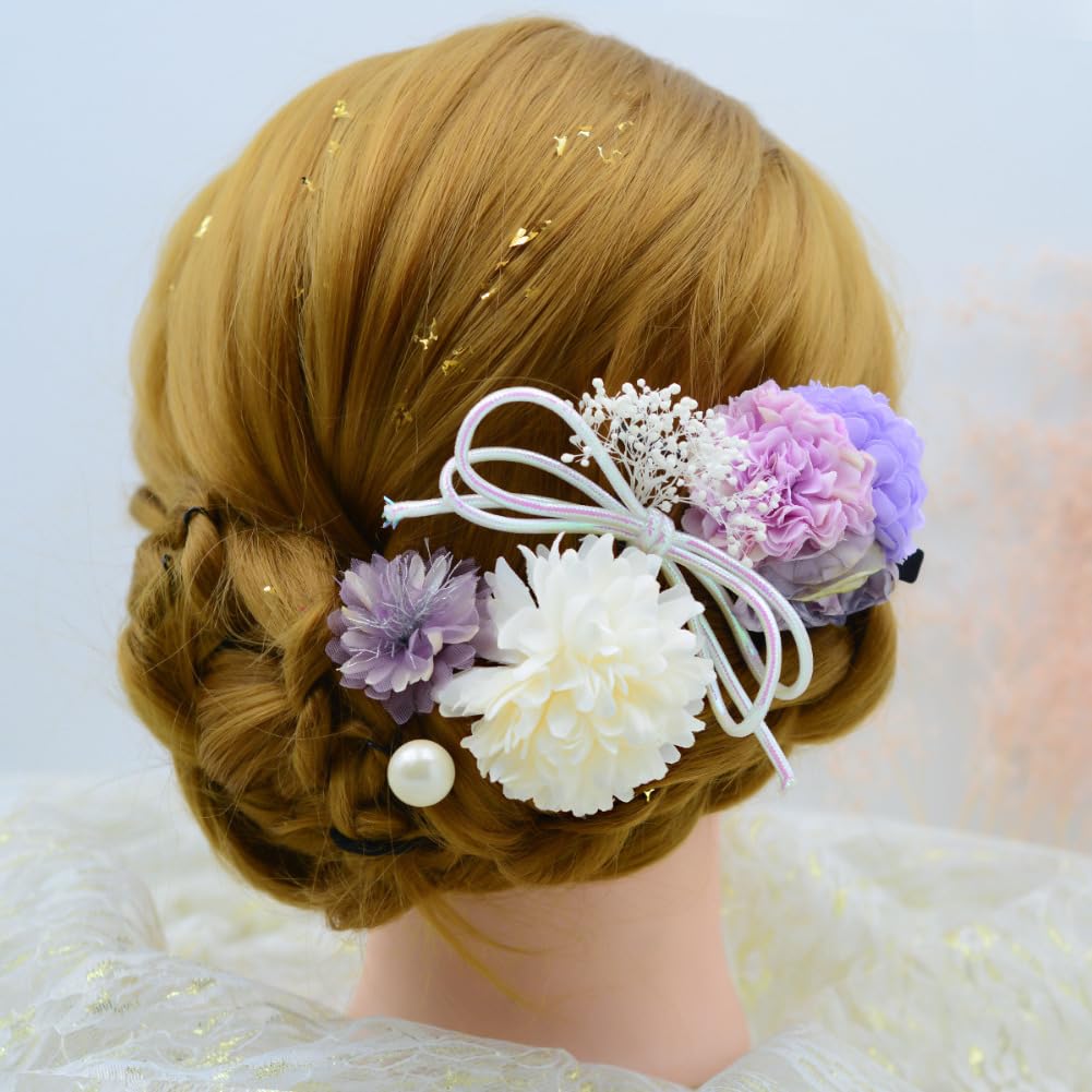 FASELE Hair Accessories Set of 6: Artificial Flowers, Hairpins, U-pins, Ping Pong Chrysanthemums, Baby's Breath, Bow Knots, for Coming-of-Age