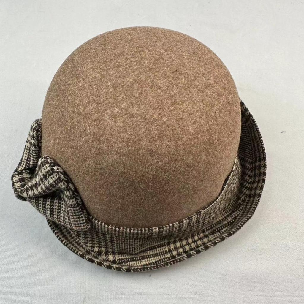Basin Hat Women's Autumn and Winter Hemming Elegant Bow Woolen Hat Plaid Top Hat British