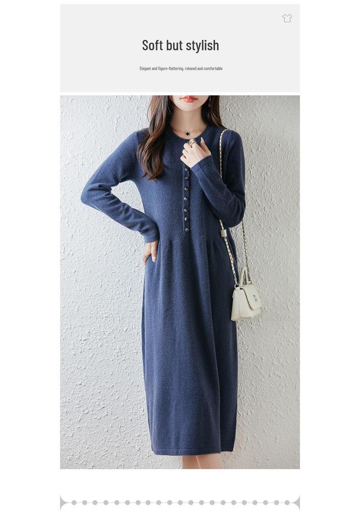 Women's Long Loose Pure Wool Knit Dress - Single-Breasted Round Neck for Autumn and Winter.