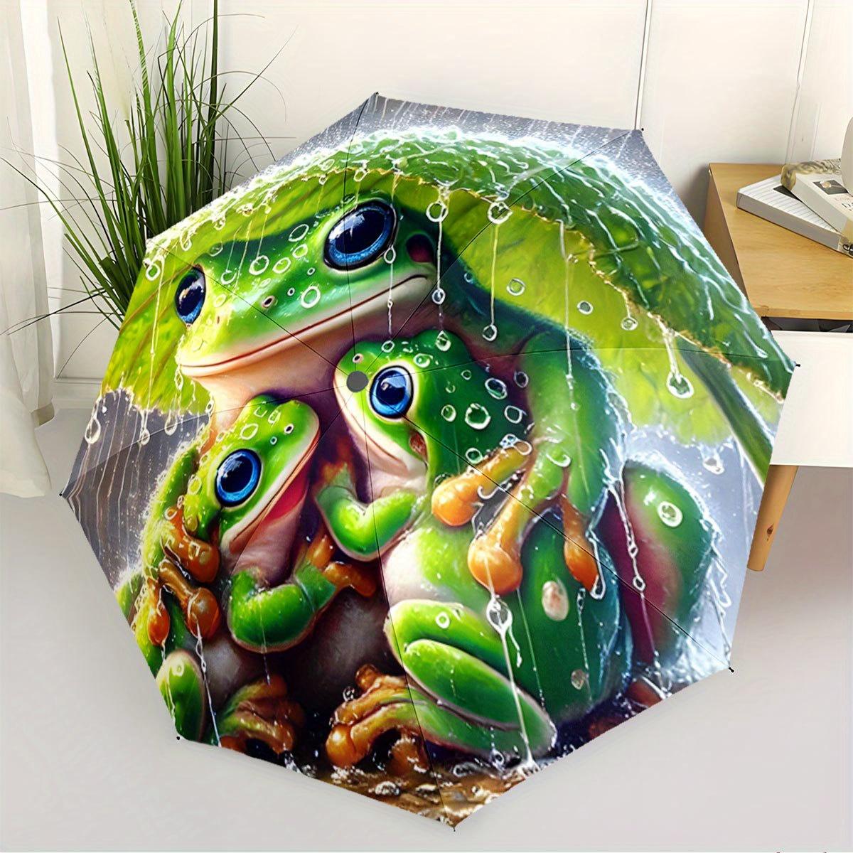 Automatic Open/Close Folding Umbrella with Cute Green Frog  Raindrop Design - 8-Rib Compact Travel Umbrella with Ergonomic Ha