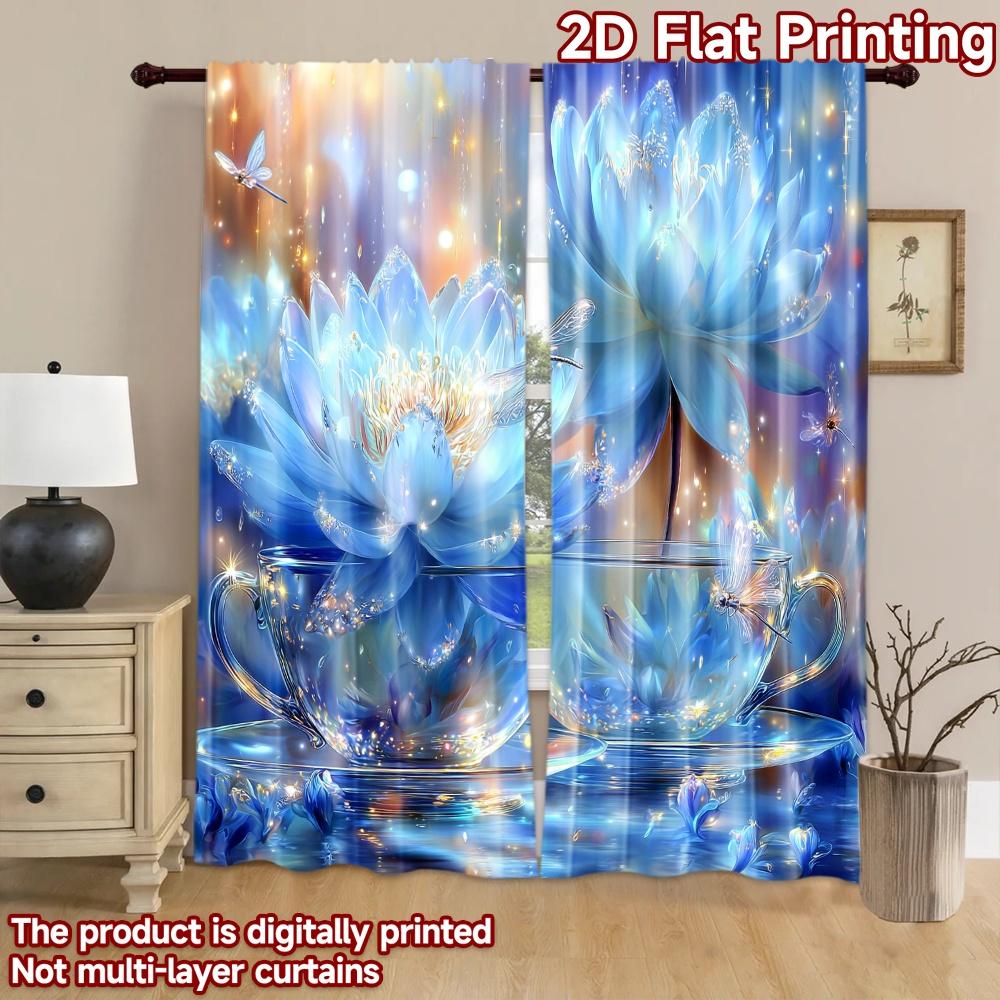 2D Flat Printing 2pcs Curtains Blue Lotus Fairy Dreamscape Digital Printed Polyester Drapes Seasonal Party & Holiday Decor