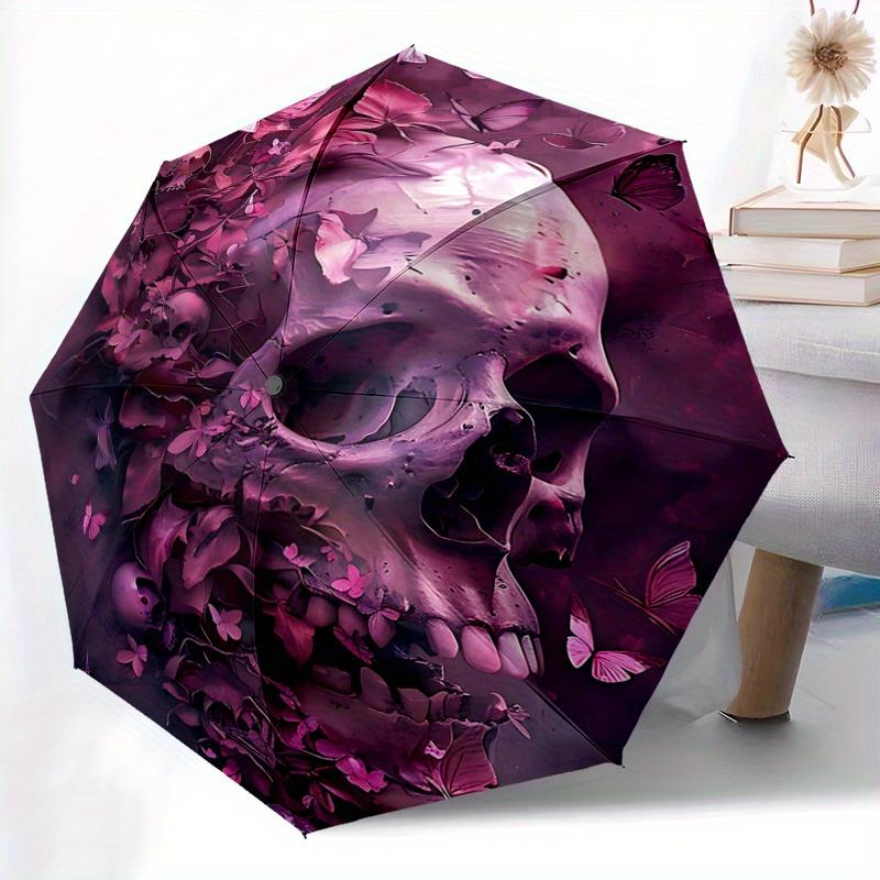 1pc Dreamlike Fusion of Skulls Butterflies and Petals Pattern Automatic Umbrella is Fashionable, Suitable for Travel and Daily UseC059