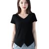 Black V-Neck Irregular Hem Short-Sleeve T-Shirt - 2022 Korean Fashion
