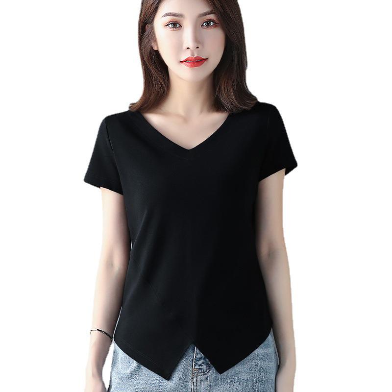 Black V-Neck Irregular Hem Short-Sleeve T-Shirt - 2022 Korean Fashion