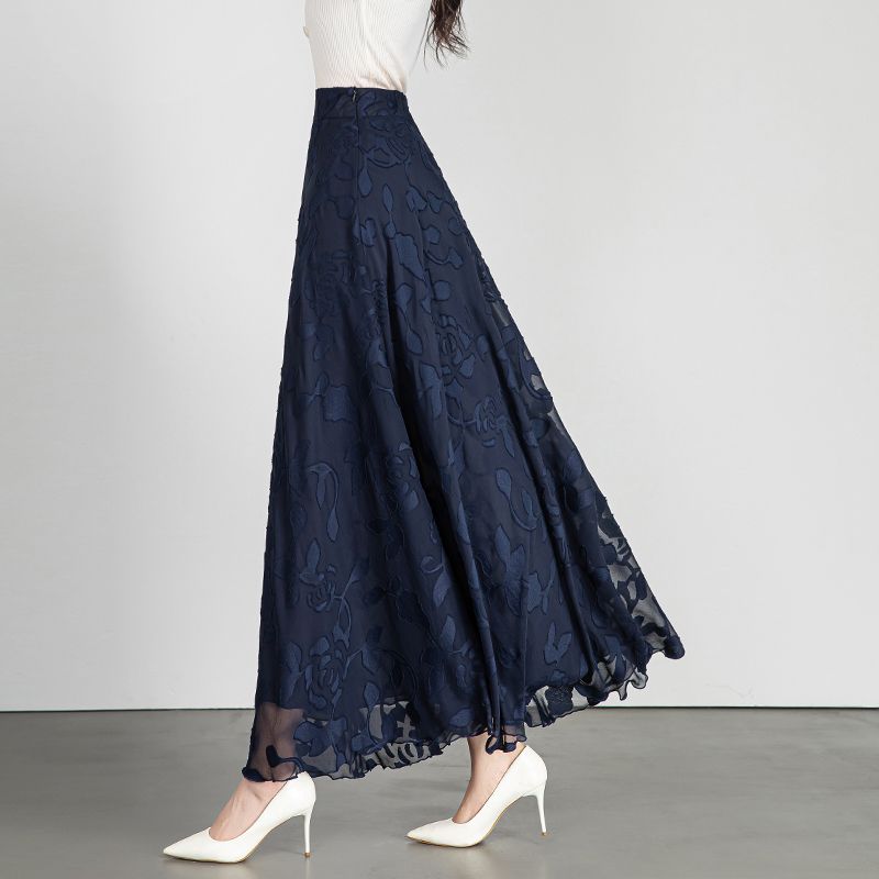 New Summer White Midi Skirt Women's Long Embroidered A-line Swing Skirt High Waist Dance Skirt