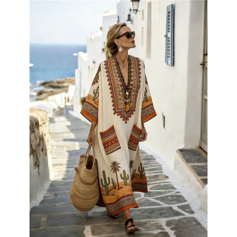 European, American Y Bohemian fashion women's clothing casual vacation D printed beach Kaftan cardigan long dress