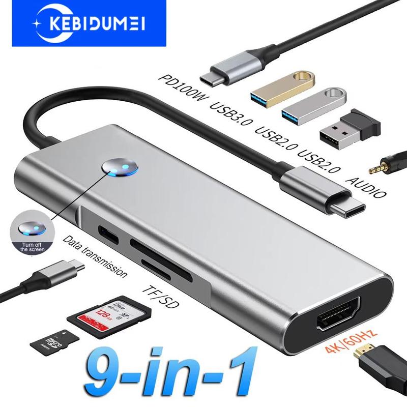 9 i 1 type C dockingstasjon USB C HUB med skjermavknapp USB 3.0 5Gbps HUB 4K 60Hz HDMI 100W Hurtiglading for MacBook PC Laptop
