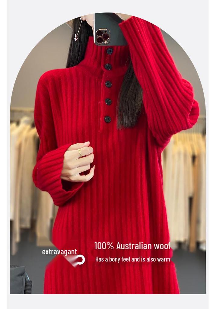 Petite Women's Wool Knit Dress with Half-High Neck - Mid-Length for Autumn/Winter