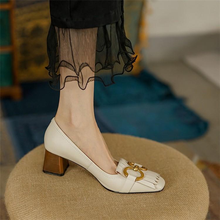 

French metal buckle fringed thick heel single shoes soft sole medium heel women s shoes 39