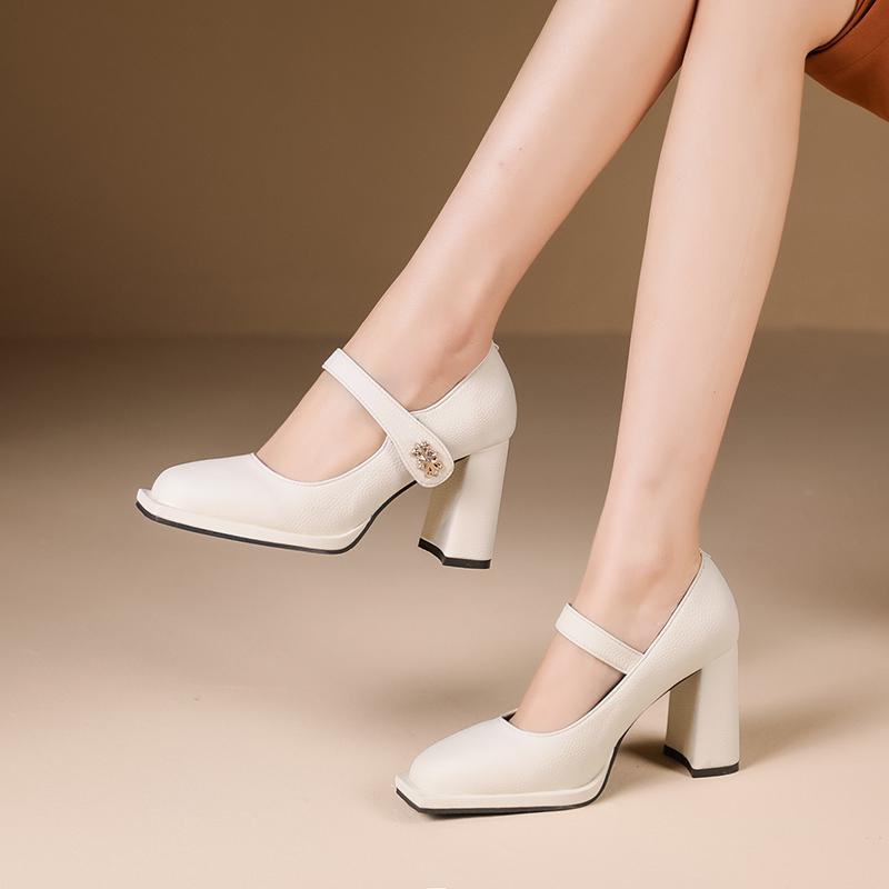 Silný podpatek Single Dámské Boty Jarní Square Head Plochý knoflík Měkká podrážka Mary Jane Dámské Boty Zapatos Para Mujeres