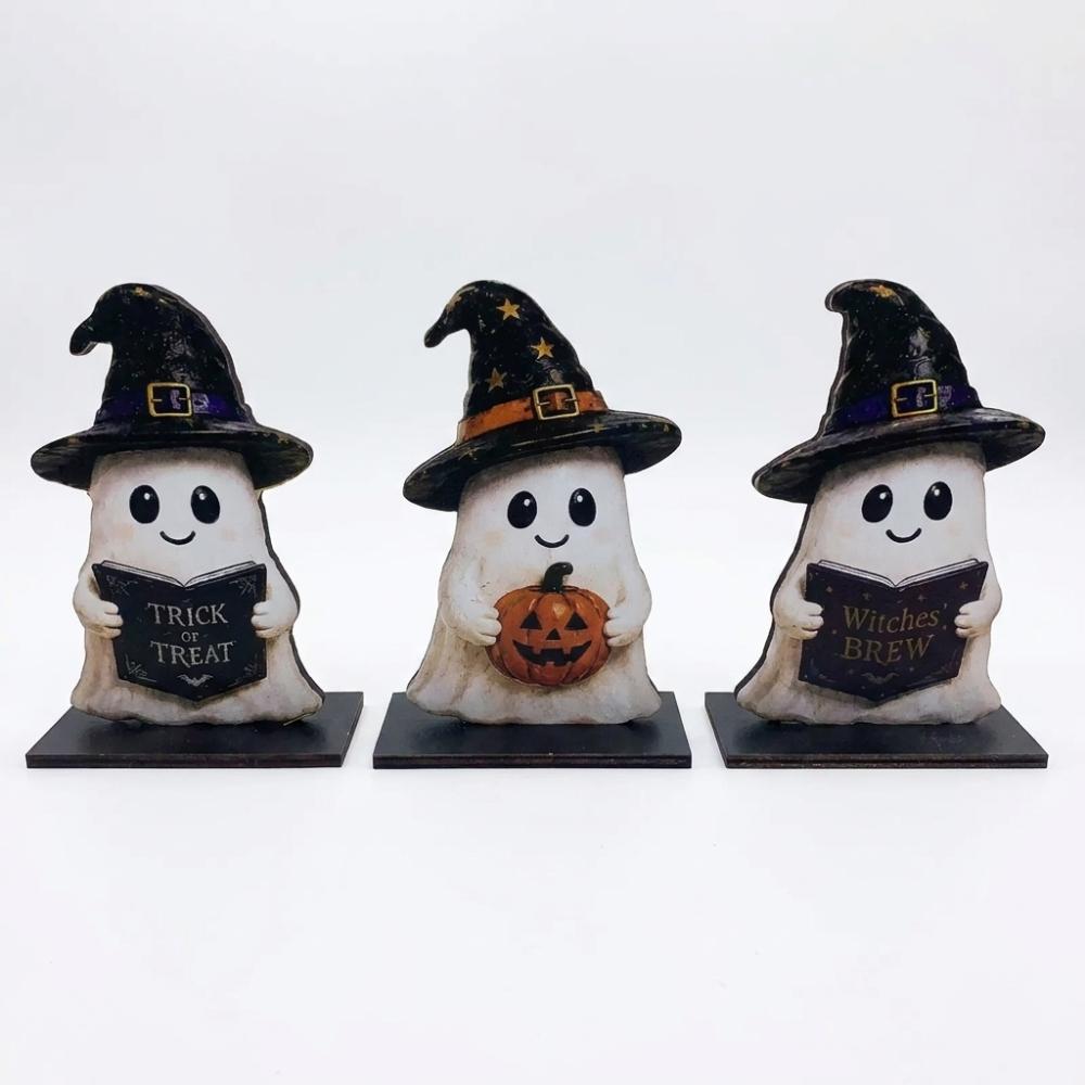 3Pcs 2D Flat Witch Ghost Tabletop Ornament Stable Base Pumpkin Ghost Craft Decor Thanksgiving